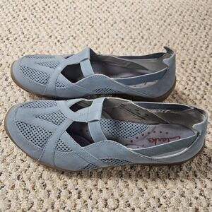 Clarks Shoes Womens Size 7.5 Blue Nubuck Leather Slip On T-Strap Comfort 86827